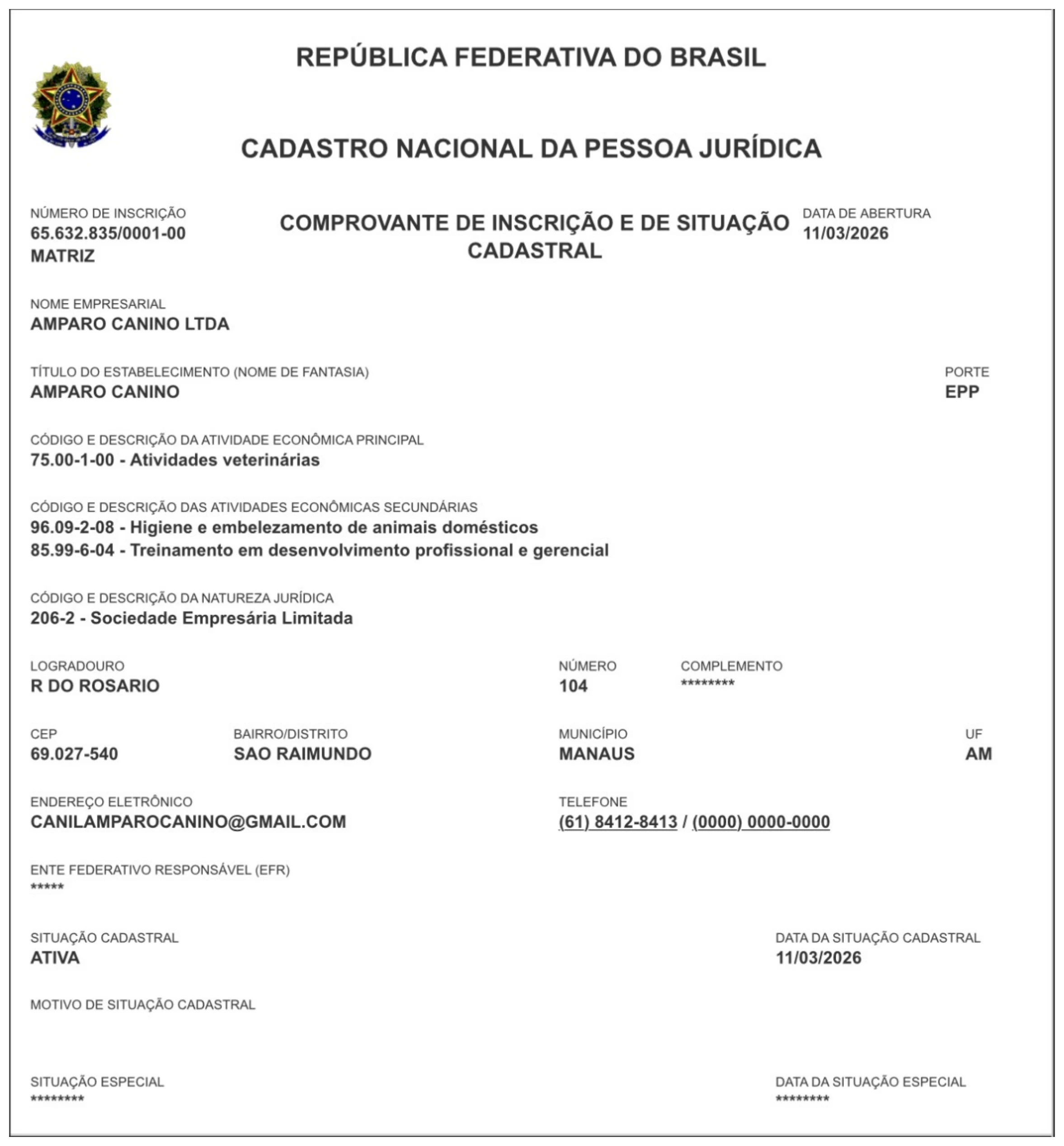 Cartão CNPJ da Amparo Canino LTDA emitido pela Receita Federal