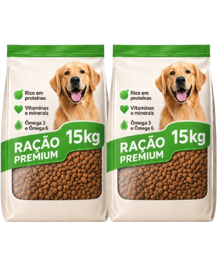 Dois sacos de 15 kg de ração premium, somando 30 kg