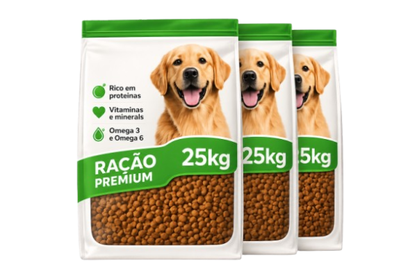 Três sacos de 25 kg de ração premium, somando 75 kg
